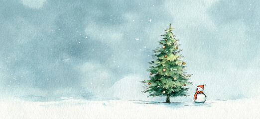 A very cute snowy Christmas watercolor illustration,  a Christmas tree with a very small small snowman next to it. Space for text, great for banners, websites headers, greeting cards, social media.
