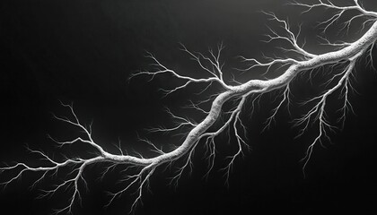 White branching veins or roots grow on black background. Abstract organic network symbolizes life, growth, or science. Detailed vascular structure has dynamic, natural pattern.