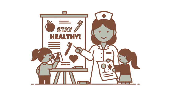 Nurse teaching children about staying healthy with a presentation board.