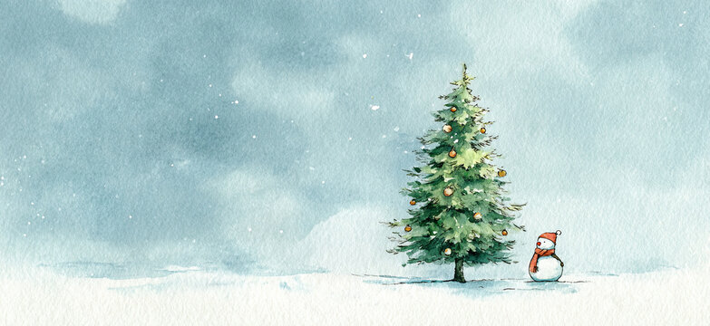 A very cute snowy Christmas watercolor illustration,  a Christmas tree with a very small small snowman next to it. Space for text, great for banners, websites headers, greeting cards, social media.
