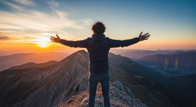 A man standing on a mountain peak with his arms outstretched, enjoying the sunset. - Powered by Adobe