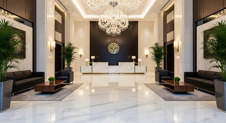 Stunning hotel lobby with elegant chandelier and luxurious marble flooring creates a welcoming and sophisticated arrival experience for guests
