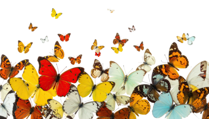 A vibrant cascade of butterflies, a diverse array of colors and patterns against a stark black void