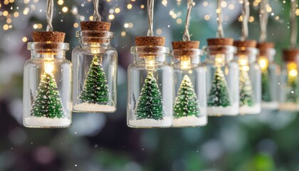 Obraz premium Enchanting christmas decor action miniature trees in glass jars festive setting holiday content magical atmosphere captivating perspective seasonal concept for home decoration