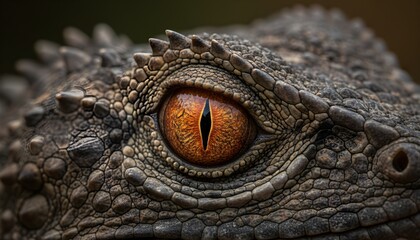 Obraz premium A close-up of a crocodile's eye showing its intricate scales and vibrant orange iris with a vertical pupil