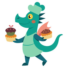 Mythical Dragon Chef Holding Baked Cupcake Food Preparation Vector Art  Illustration