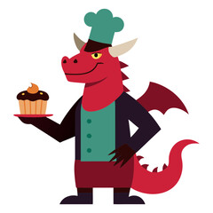 Mythical Dragon Chef Holding Baked Cupcake Food Preparation Vector Art  Illustration