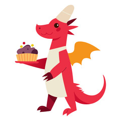 Mythical Dragon Chef Holding Baked Cupcake Food Preparation Vector Art  Illustration