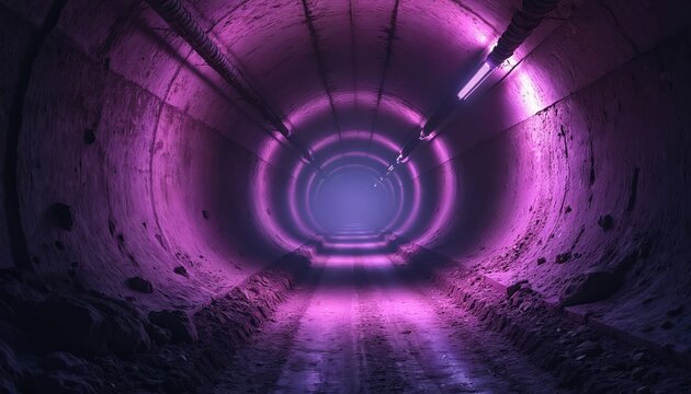 Deep underground tunnel with vibrant purple light illuminates circular concrete passage. Textured walls show rough rock, dirt on ground. Pipes line ceiling. Path disappears into mysterious,