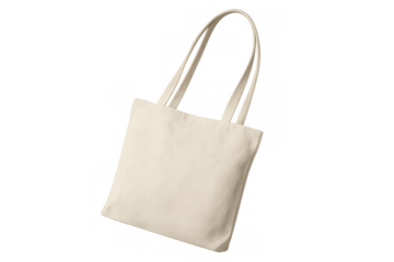 Beige blank reusable canvas tote bag for shopping and sustainable eco-friendly merchandising mockup with transparent background