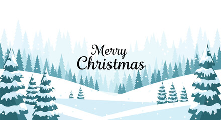 A serene snowy forest landscape with merry christmas greeting and falling snowflakes