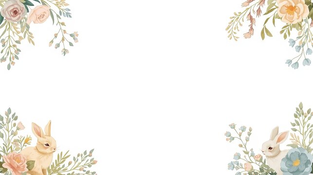 Soft Pastel Bunnies and Floral Outline Border. Delicate Hand-Drawn Frame for Easter or Baby Shower. Minimalist Line Art with Copy Space