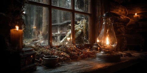 The interior of a cozy old wooden hut