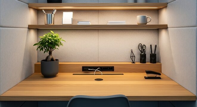 Stylish workstation with a bonsai tree and sleek wooden desk for focused work and creative projects in a modern, organized space
