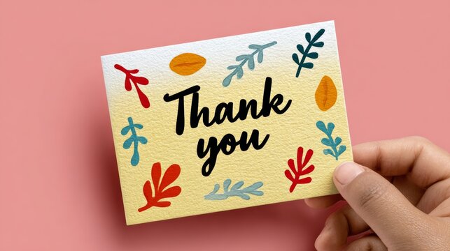 Hand holding a card that says "Thank You" in a flowery design - Powered by Adobe