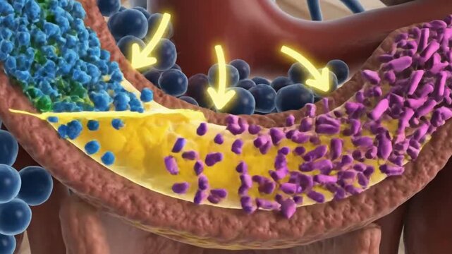 Artery with fatty plaque greenbluepurple cells and yellow arrows