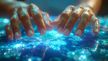 Digitally Interacting: A person's hands delicately hover above a world map projected in a futuristic digital interface, showcasing the evolving era of connectivity.