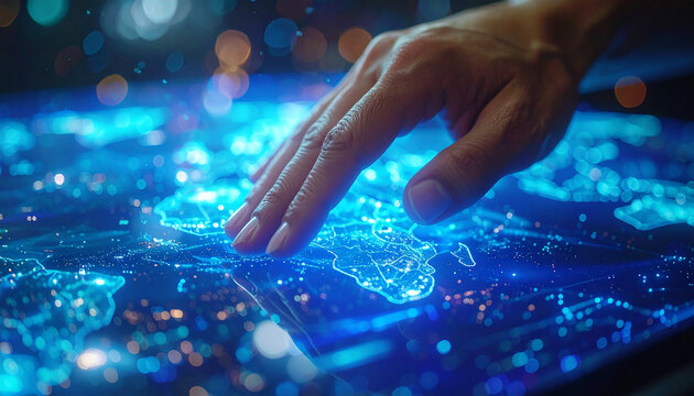 World at your Fingertips: A close-up shot of a hand interacting with a glowing digital map, highlighting the interconnectedness of global networks and technological advancements.  - Powered by Adobe