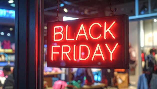 A vibrant red neon sign brightly glowing in a retail shop window, announcing a massive shopping event with special discounts and offers - Powered by Adobe