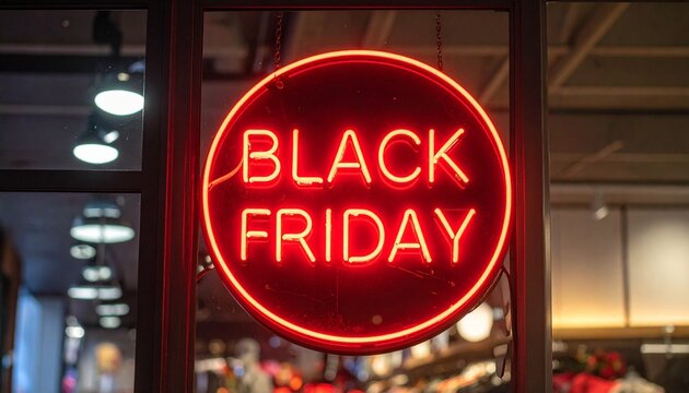Bright red neon sign glows in a store window, announcing the start of Black Friday sales - Powered by Adobe