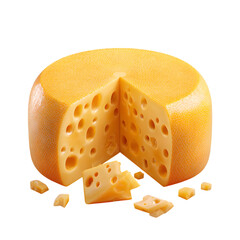 Delicious wheel of swiss cheese with holes and cut pieces on transparent background