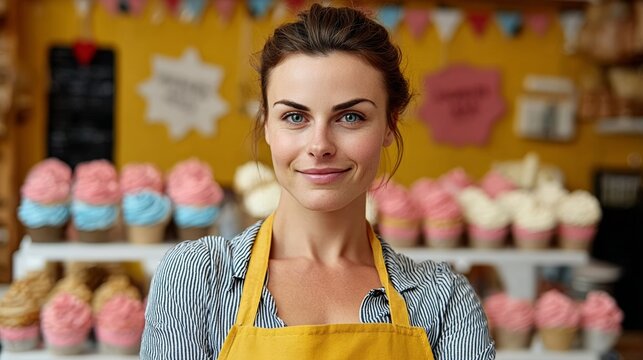 Woman wearing a yellow apron stands in front of a display of cupcakes. She is smiling and she is happy