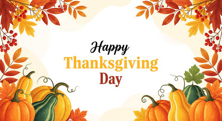 Celebrate Happy Thanksgiving Day with this festive greeting featuring vibrant fall foliage and pumpkins, perfect for invitations, posters, and autumnal promotions
