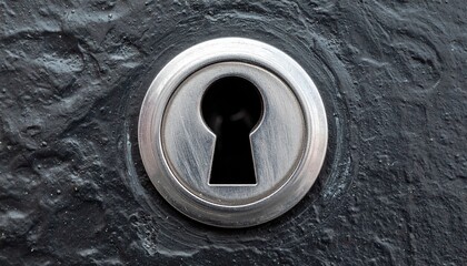 Close-up view of a metal keyhole embedded in a textured dark surface, symbolizing access and security