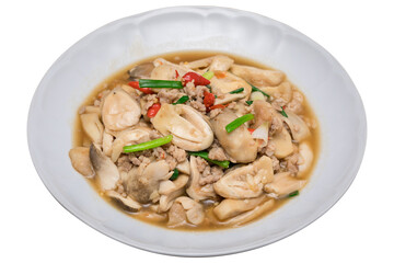 Stir-fried straw mushrooms with minced pork in oyster sauce, isolated on transparent background