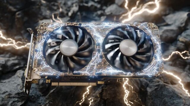 27Hyperrealistic GPU surrounded by glowing electric arcs and vapor effects, placed on a dark metallic surface with ample copy space for advertisement text