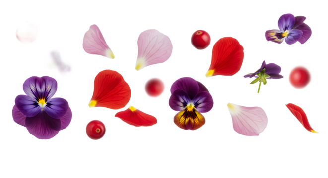 A beautiful assortment of colorful pansy flowers, mixed petals, and bright red berries creatively arranged on a pure white backdrop