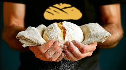 Man is holding a loaf of bread with a white crust. The bread is cut in half and is resting in a cloth. The man is wearing a black shirt with a bread logo on it