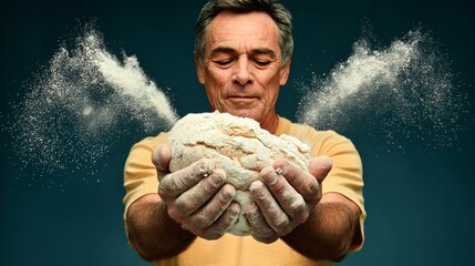 Man is holding a piece of bread in his hands, and it is a close up of him. Concept of warmth and comfort, as the man is holding the bread with care and attention