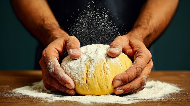 Man is holding a dough in his hands and sprinkling flour on it. The dough appears to be a pizza crust. Concept of preparation and anticipation for a delicious meal