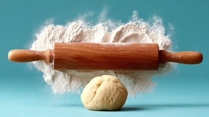 Wooden rolling pin is on top of a mound of flour. The dough is ready to be rolled out and baked