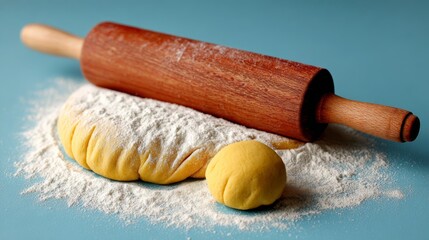Wooden rolling pin sits on top of a mound of flour. A yellow doughnut sits on top of the flour