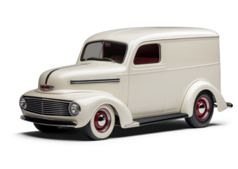 Vintage white cargo panel van front left side corner angle view, isolated on white or transparent background