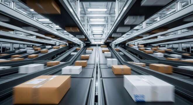 Mail sorting system with moving packages for logistics. Automated parcel transportation in a modern distribution warehouse for global supply chain.
