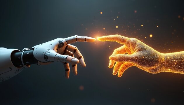Robotic arm, digital human hand almost touch with fingers. Future tech concept shows artificial intelligence merging with humanity. Represents science evolution, modern partnership of machines,