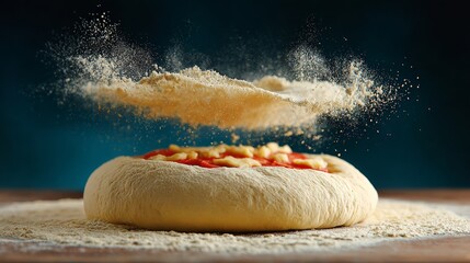 Pizza is being made with a lot of flour on top of it. The dough is being rolled out and the flour is being sprinkled on top