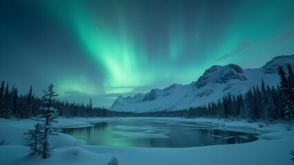Northern lights over frozen lake. Arctic aurora borealis display. Scenic winter landscape photography. Breathtaking natural phenomena in the Arctic.