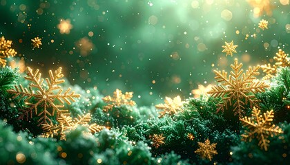 Fondo verde chroma key uniforme (#00FF00). Diseño navideño invernal con copos de nieve detallados en diferentes tamaños de color oro, brillo helado y destellos suaves. 