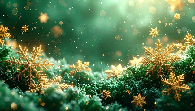 Fondo verde chroma key uniforme (#00FF00). Dise&ntilde;o navide&ntilde;o invernal con copos de nieve detallados en diferentes tama&ntilde;os de color oro, brillo helado y destellos suaves. 