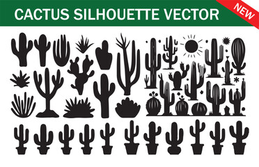 Large Set of Cactus Silhouettes. Desert and Potted Plant Vector Graphics