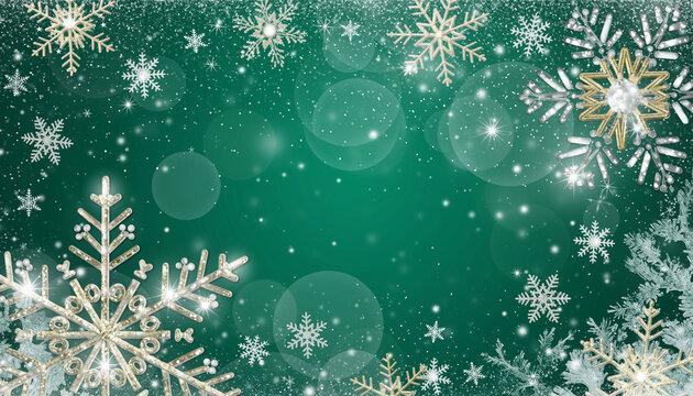 Fondo verde chroma key uniforme (#00FF00). Dise&ntilde;o navide&ntilde;o invernal con copos de nieve detallados en diferentes tama&ntilde;os de color oro, brillo helado y destellos suaves. 