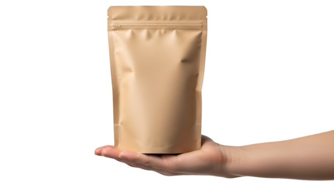 Hand Holding Brown Kraft Stand Up Pouch graphic design