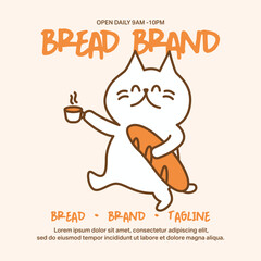 Delightful bakery illustration featuring cute cat mascot holding baguette and coffee cup. Hand-drawn design with warm colors for cafe branding and bakery packaging.