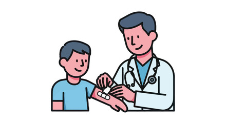 Doctor applying bandage to a young boys arm providing medical care.