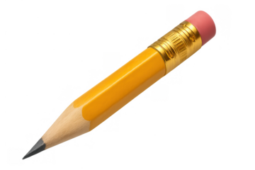 Yellow wooden pencil, a basic writing and drawing tool, with pink eraser and brass ferrule. Transparent background