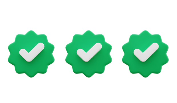 Three green verification badges with white check marks arranged horizontally on a black background